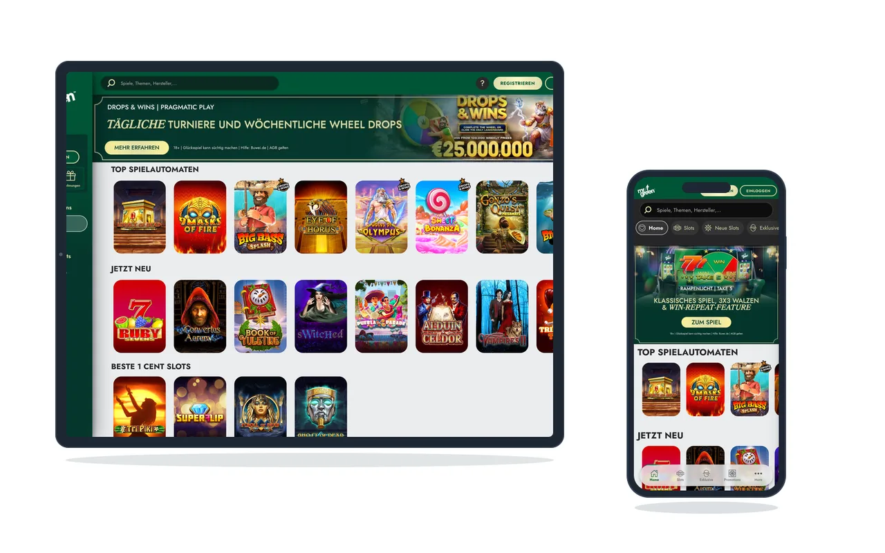 Slot-Auswahl mit Kacheln beliebter Automaten auf Tablet und Handy