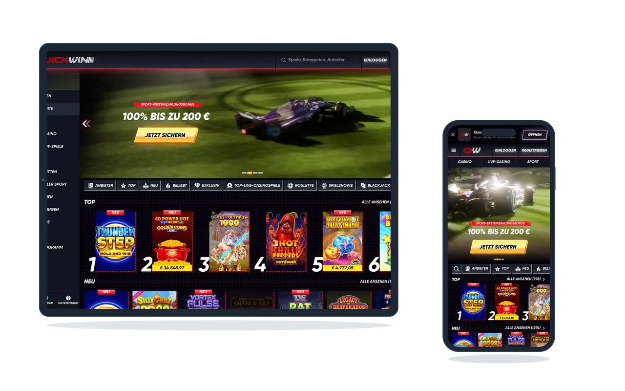 Kassenbereich und Startseite eines Casinos auf Tablet und Handy