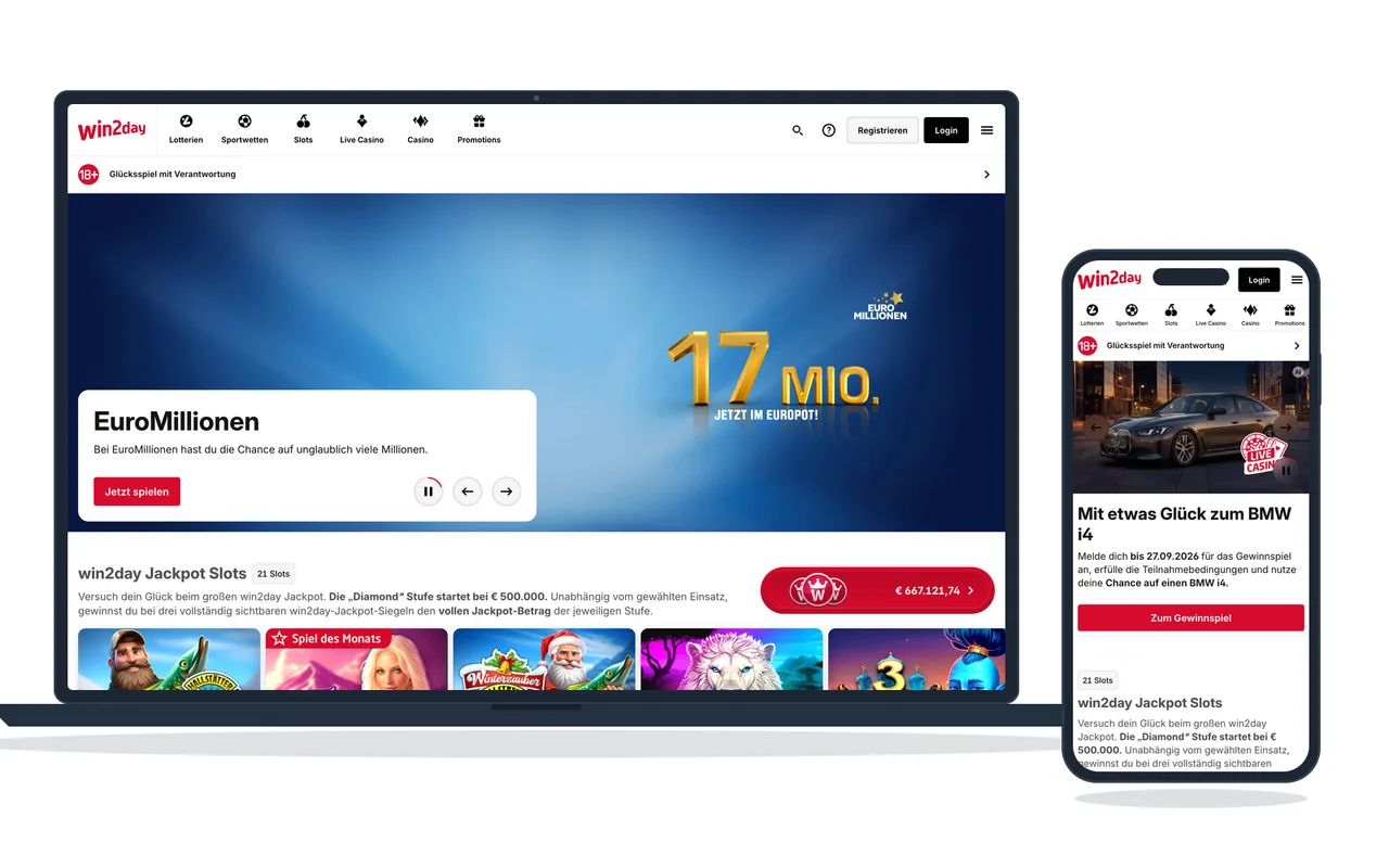 Startseite von win2day mit Jackpot-Slots und Hinweis auf Glücksspiel mit Verantwortung